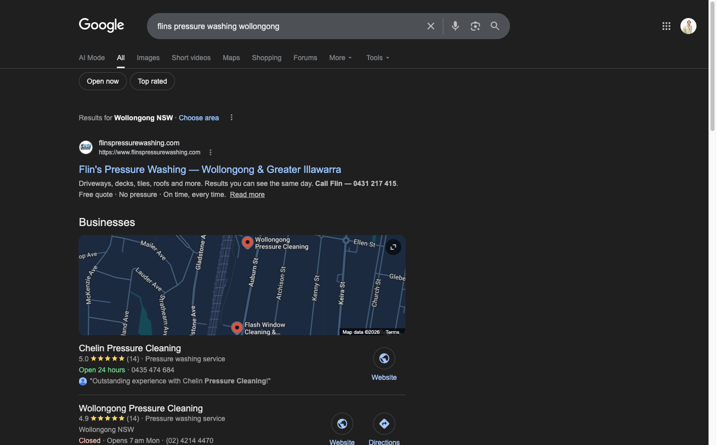 Google search result showing Flin's Pressure Washing ranking #1